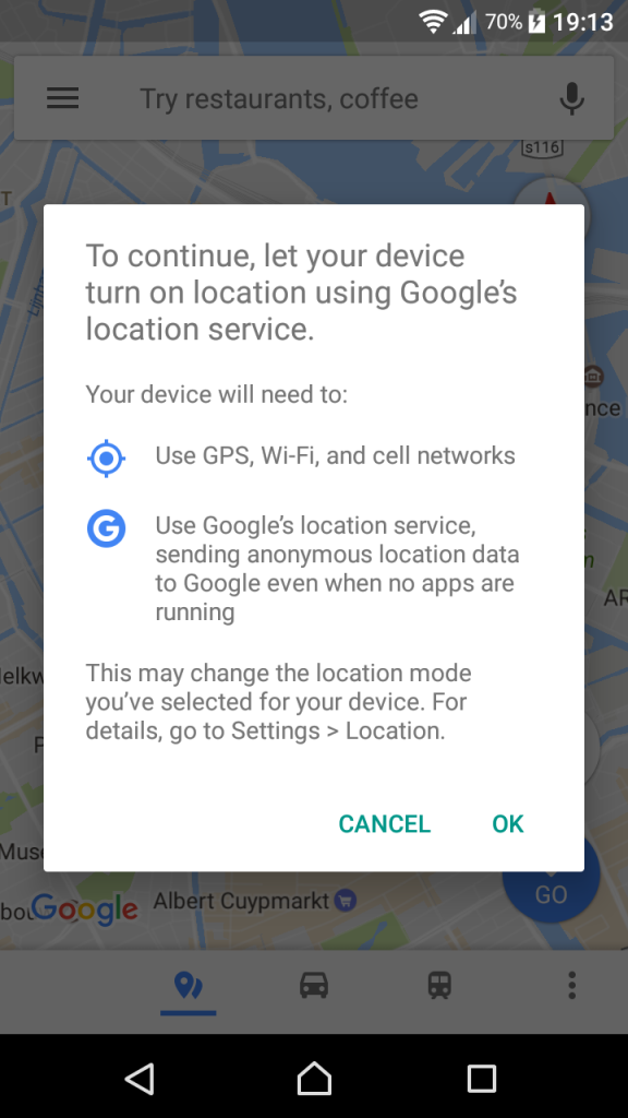 Location permission request when using Google Maps on Android - with OK leading to Google also collecting location information when running in background